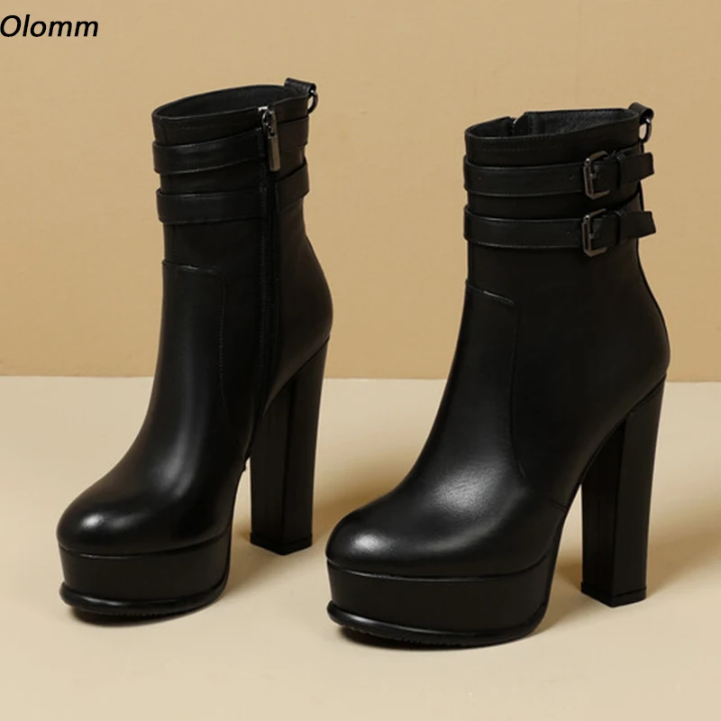 

Olomm Women Winter Platform Ankle Boots Cow Leather Sexy Chunky Heel Round Toe Elegant Black Beige Party Shoes Plus US Size 5-9