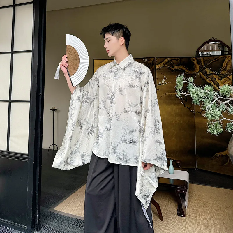 

New Chinese Style Improved Large Sleeve Shirt Men's Women's Retro Sumi Painting Loose Style Ancient Wind Shirt Fashionable Ur...