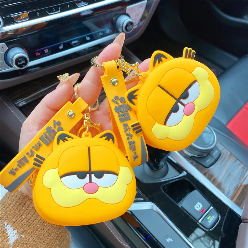 Cartoon Garfield Soft Silicone Key Chain Coin Change Purse Mini Headset Lipstick Storage Bag Couple Pendant Girl Creative Gift