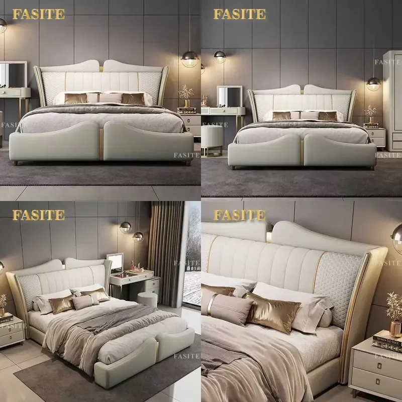 For King Size Bed Luxury Leather Upholstered Modern Simple Solid Wood Frame Soft Double Bed Hotel Home Bedroom Furniture
