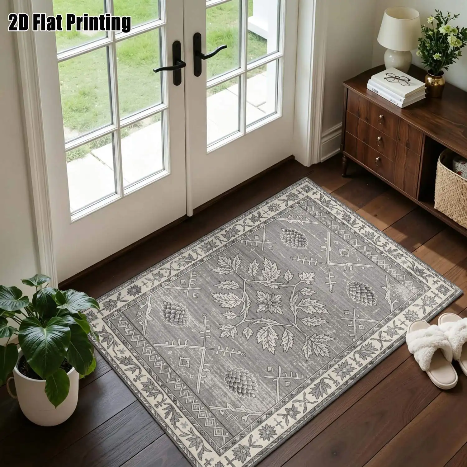 1Pc 2D Printed Nordic Vintage Geometric Carpet with Blue-Grey Pinecone & Plant Patterns, Machine Washable, Multi-Size for Home Decoration, Entrance, Dining, Bedroom, Living Room