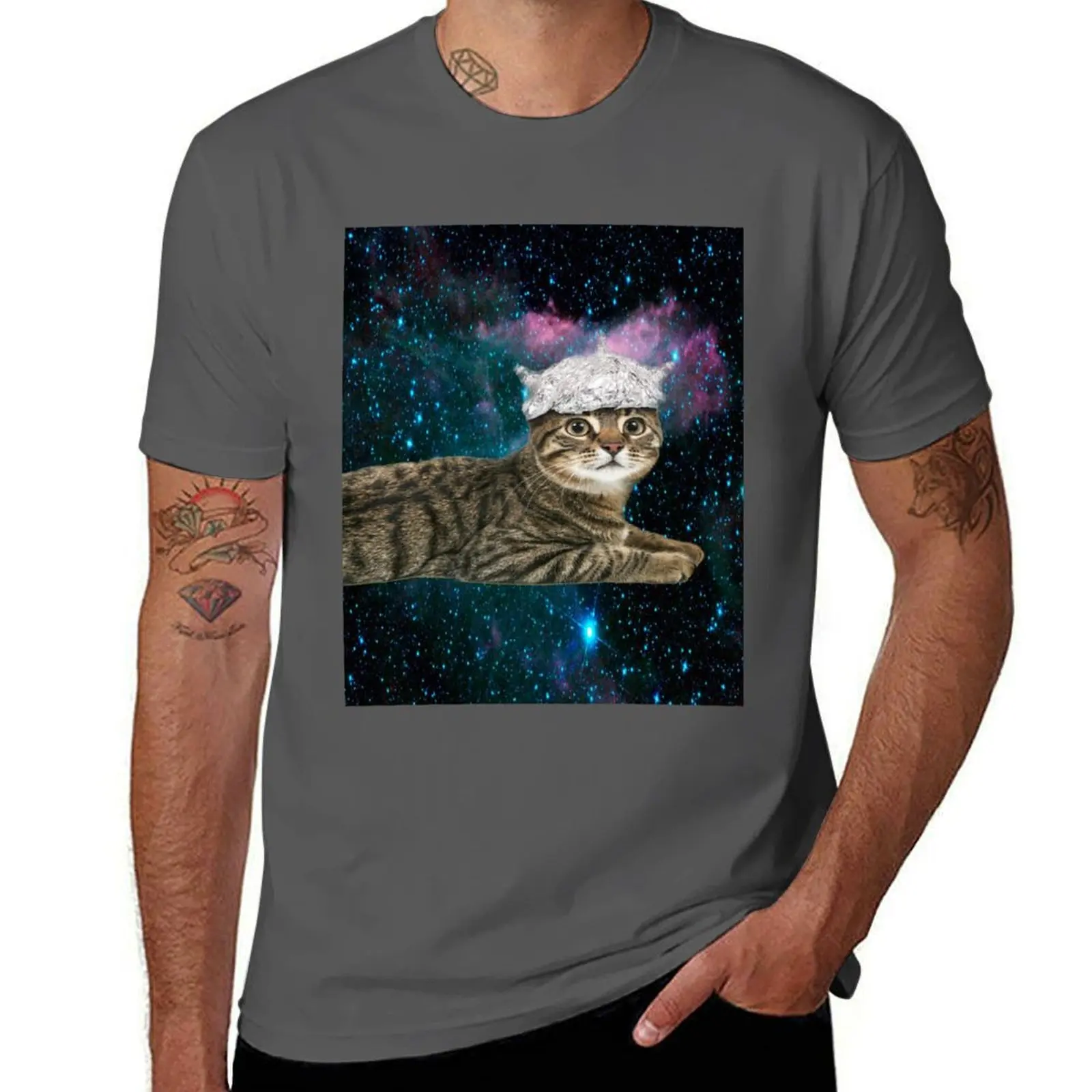 

Tin Foil Hat Cat in Space Conspiracy Theory Funny Kitty T-Shirt funny t shirts dark humor T-Shirt
