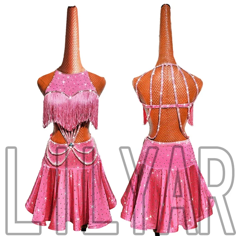 

Modern Style Light Pink Latin Dance Costume Rhinestone Crystal Bling New Stage Performance Fringe Skirt for Ballroom Competition