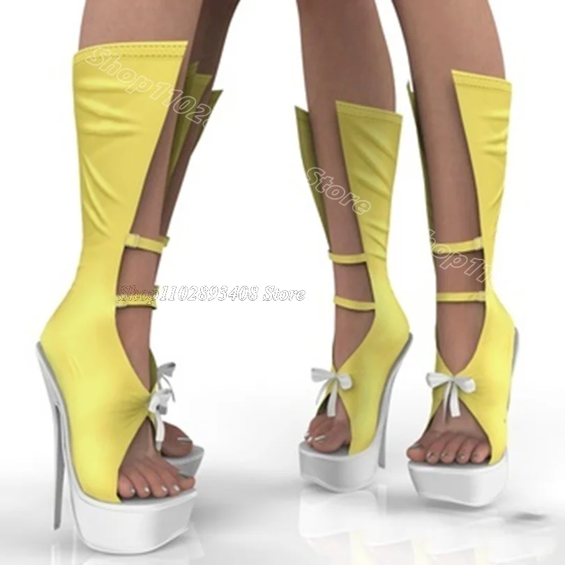 

Yellow Bowknot Decor Sandal Boots Round Toe Platform Solid British Style New Fashion Party Summer Shoes 2024 Zapatos Para Mujere