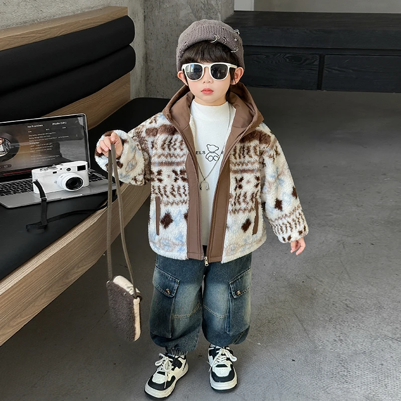 

Thiened Lamb Velvet Jaet for Boys Baby Warmth Children's Autumn Winter Clothes Waterproof Stand Fit Cotton Padded Coat