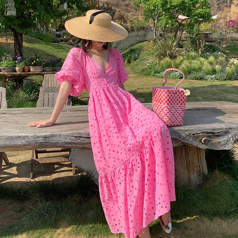 New Design Hollow Out Embroidery Puff Sleeve Women Boho Casual Long Dresses Retro Summer Largo Vestidos Robes Dress