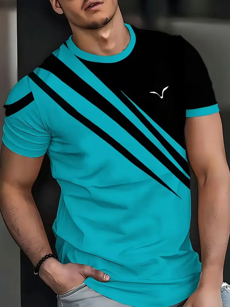 Men's T-shirt, featuring horizontal stripes and a vertical striped eagle print, short sleeves, crew neck, urban casual style.