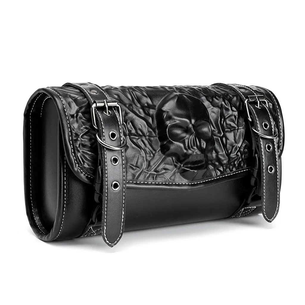 Embossed Skull Motorcycle Handlebar Bag Wrinkle PU Leather Cylindrical Tool Pouch Double Adjustable Straps Storage Bag
