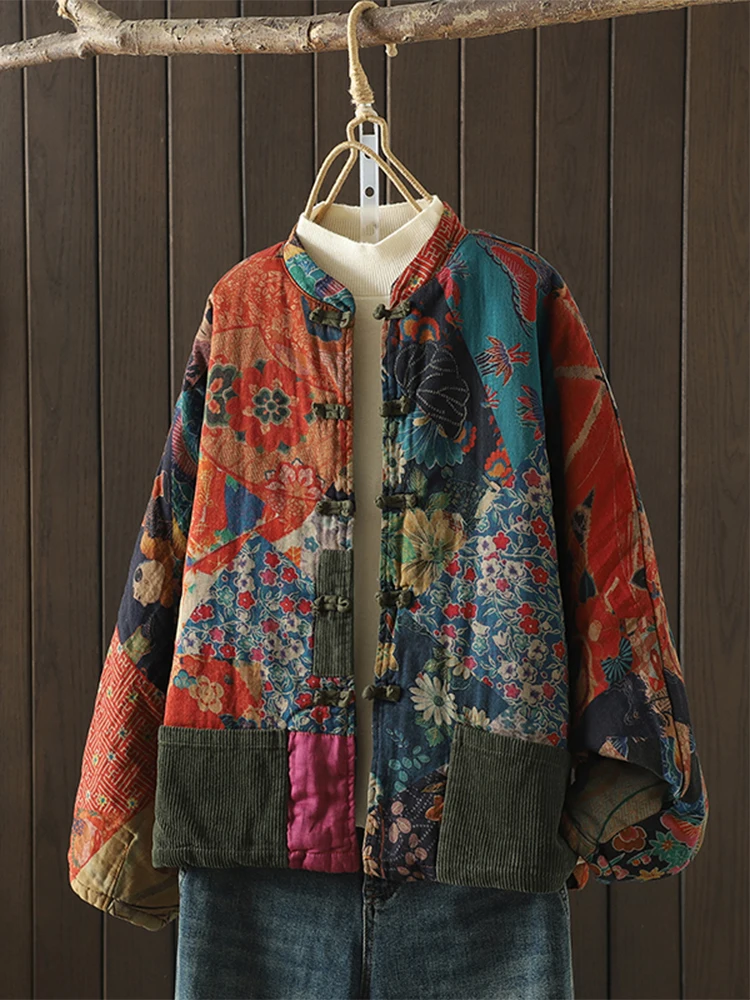 

Вельветовое хлопковое пальто с ретро-принтом, женское зимнее новое китайское пальто на пуговицах в национальном стиле, теплое хлопковое пальто