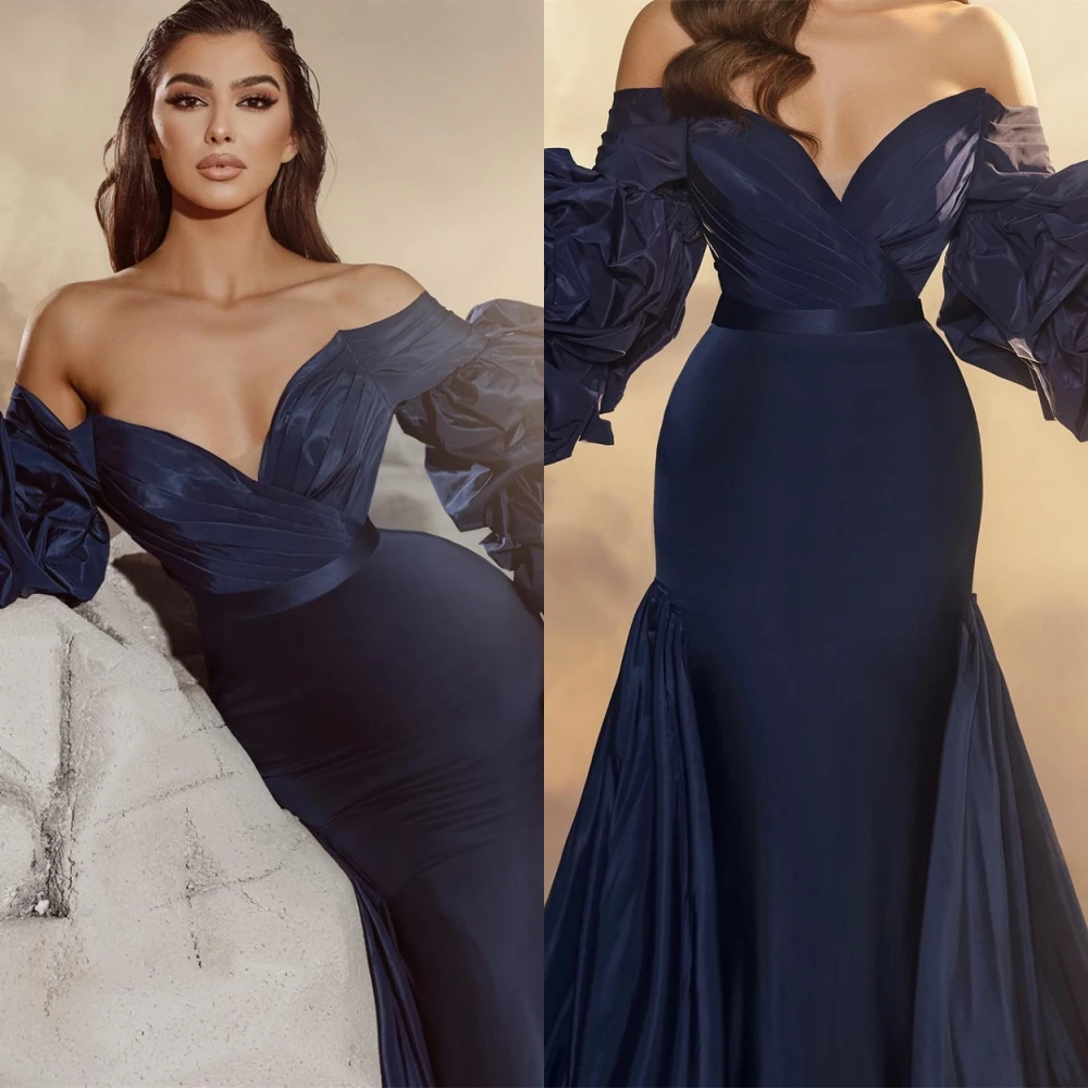 

Customized Elegant V-Neck Satin Evening Dress Classic Puff Sleeves Prom Dresses Luxury Off the Shoulder Special Occasion Gowns