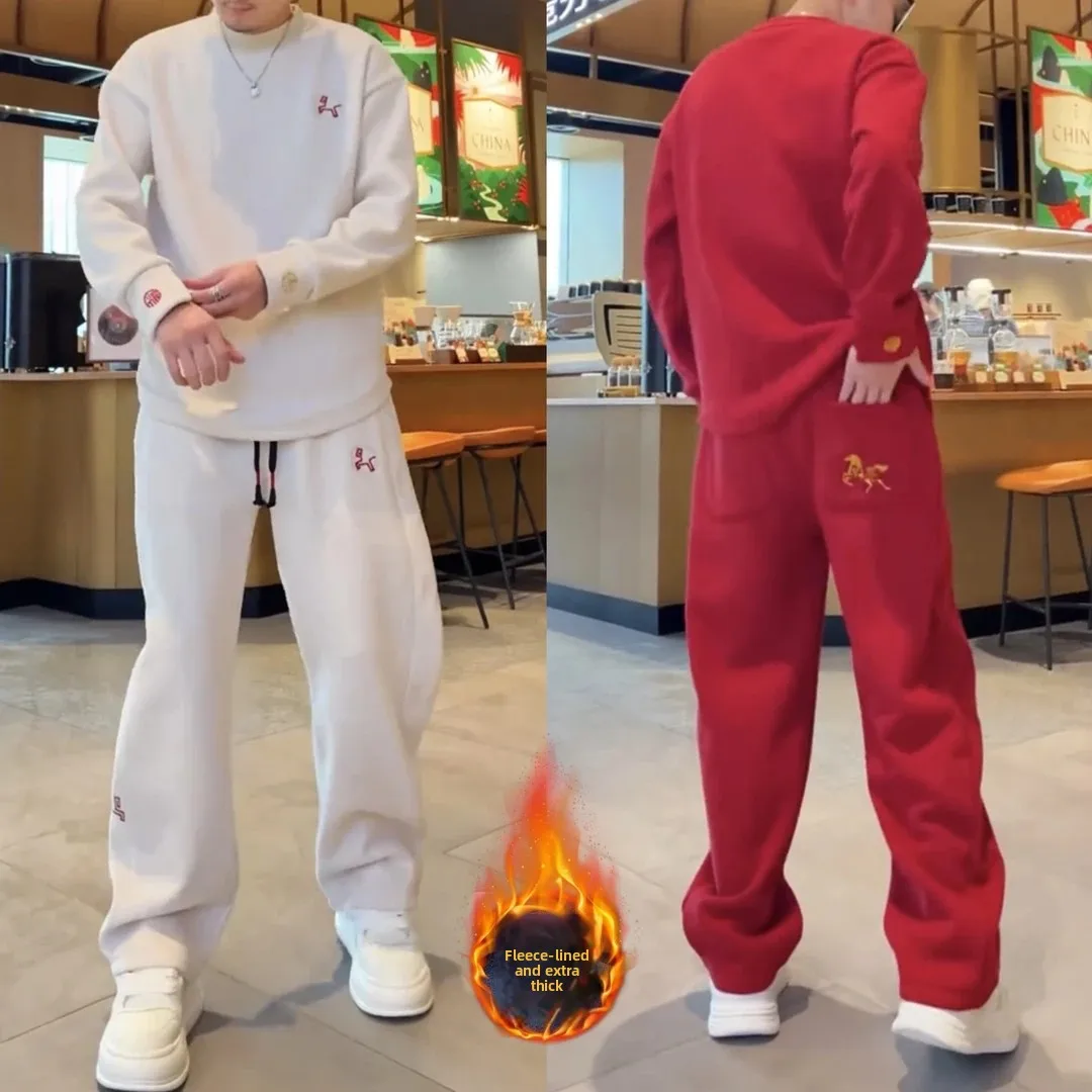 

Winter New Faion Embroidered Fce Lined Thiened Casual Set ex Sli Sweatirt Sweatpants Two Piece Set