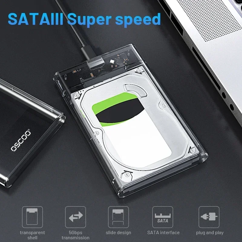 

OSCOO USB 3.0 Transparent 2.5 Inch Hard disk Boxs HDD Enclosure SATA III Hard Disk 5Gbps Type-C External Hard Drive Disk HDD SSD