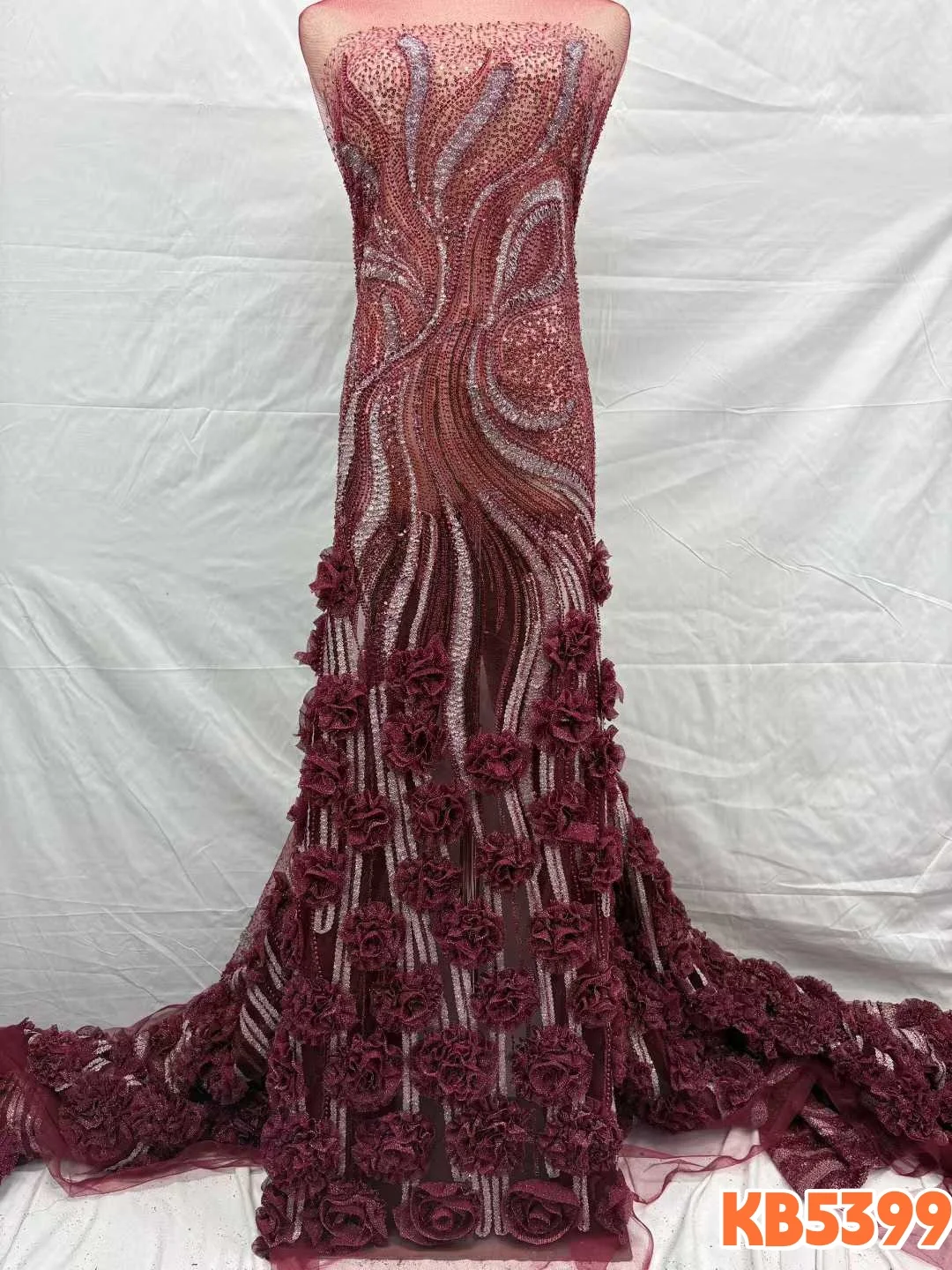 

Бордовое 3D-кружево с африканскими бусинами, 5 ярдов, французская сетка с пайетками, зеленое кружево с бисером для пошива свадебных платьев KB5399