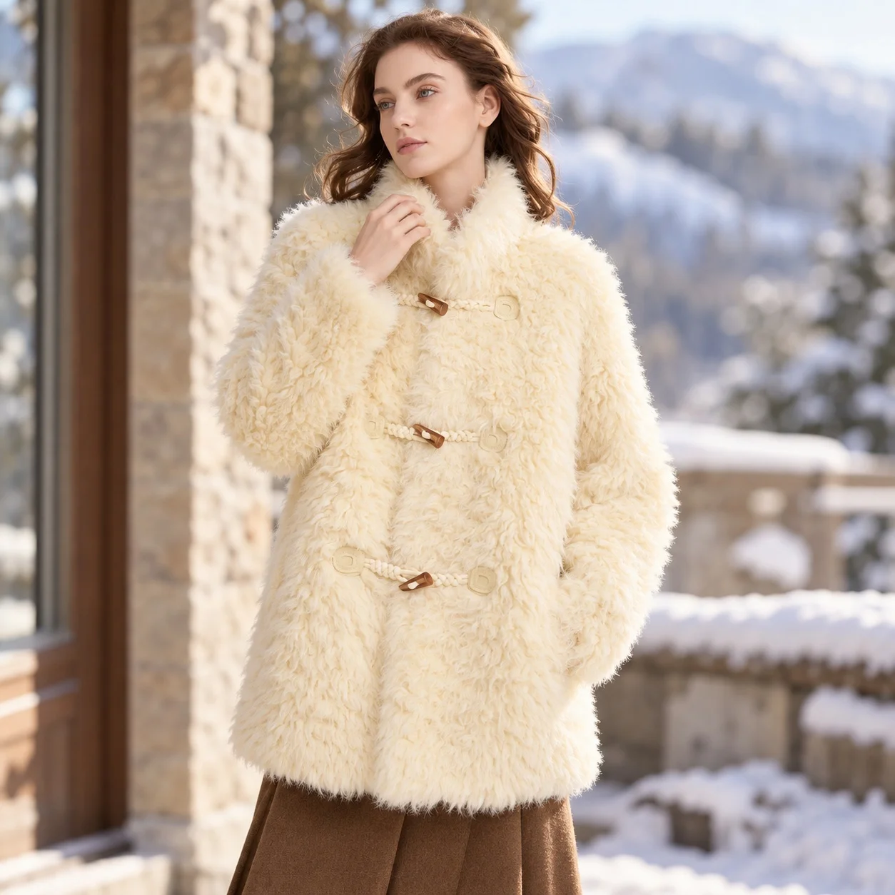 Thick Seamless Coat with Loose Fit Sweet Stand Collar Long Sleeve Horn Button Mid Long Length Elegant Women Winter Jacket