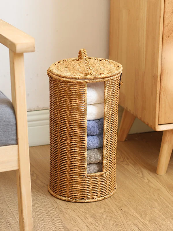 

Плетеная круглая корзина из ротанга для туалетной бумаги, для отелей и дома, корзина для полотенец, органайзер для хранения в быту