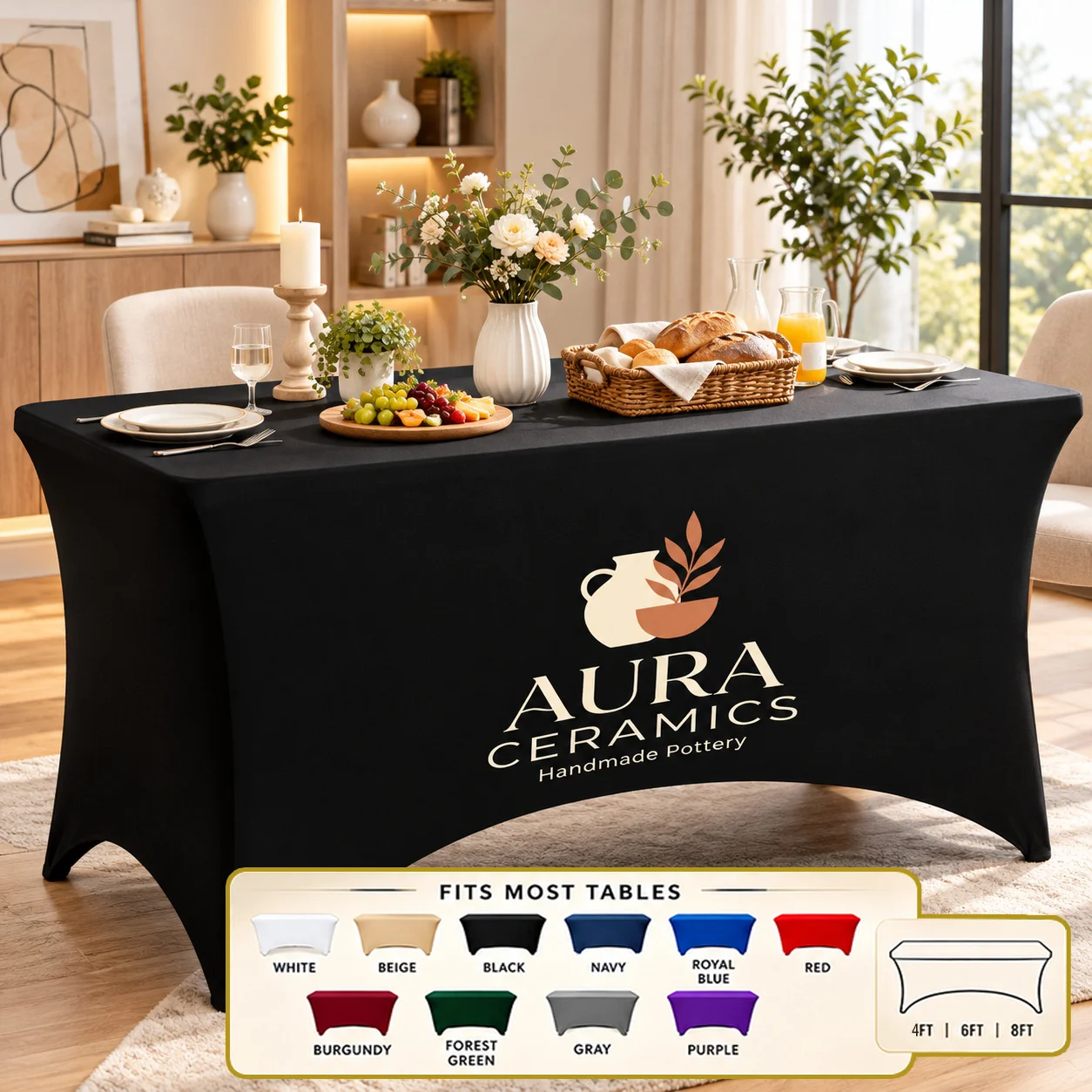 Elastic all inclusive table cover, customizable tablecloth with logo and pattern suitable for party investment activities