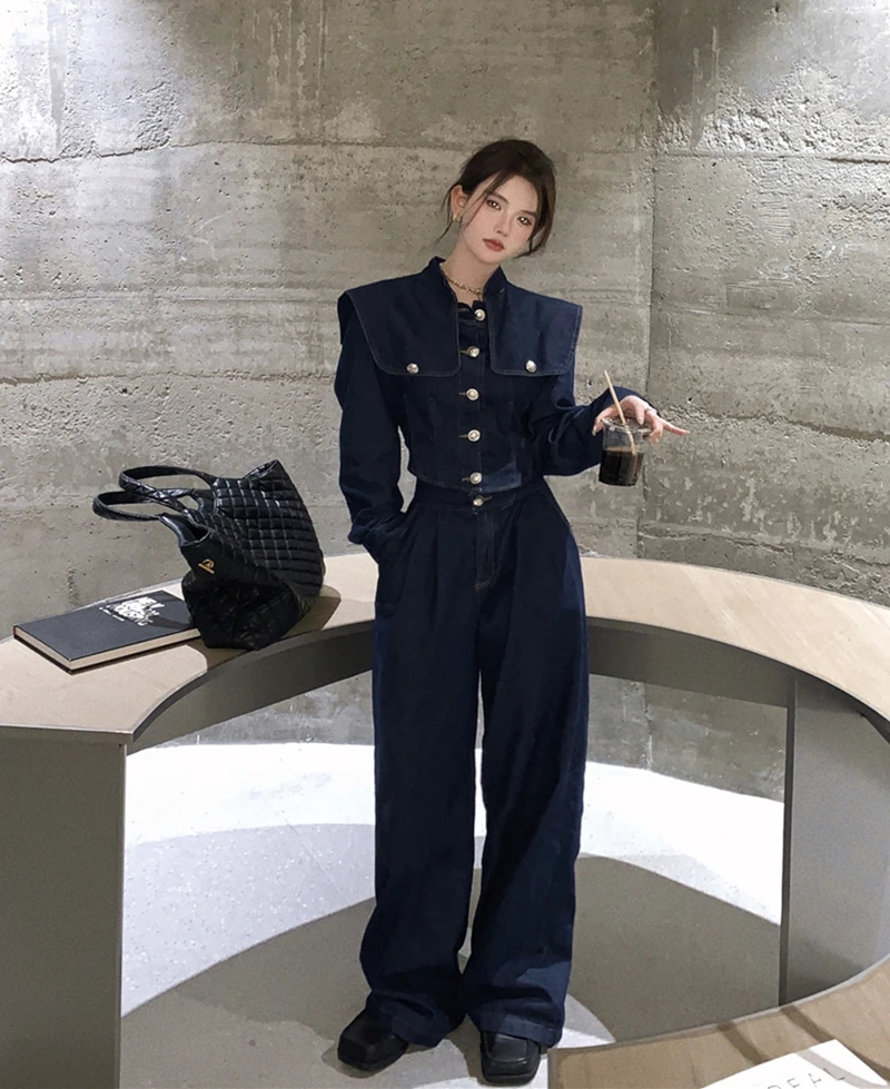 Vintage style denim suits jacket shirt women\'s 2023 spring new wide leg pants trousers two-piece sets Y3826