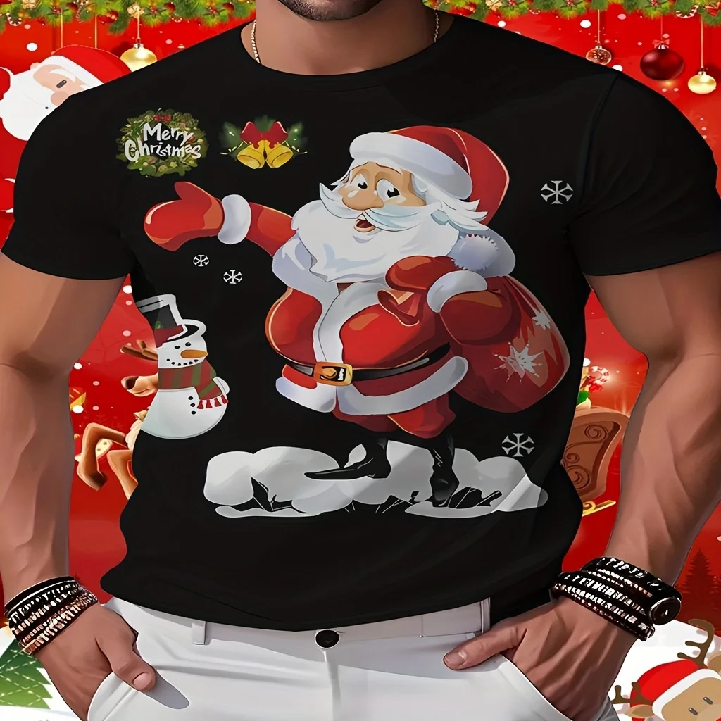 

Funny Santa Claus Print Men's T-shirt 3D Christmas Theme Snowman Pattern Short Sleeve Street Hip Hop Y2k Large Size Men Clothing