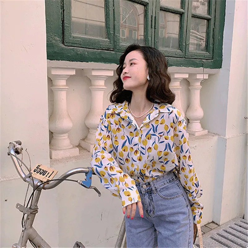 2022 Autumn Spring Women\'s Loose Shirt tulip Printed Blouses for Women Long Sleeve Chiffon Top Women Clothes Female Basic Shirt