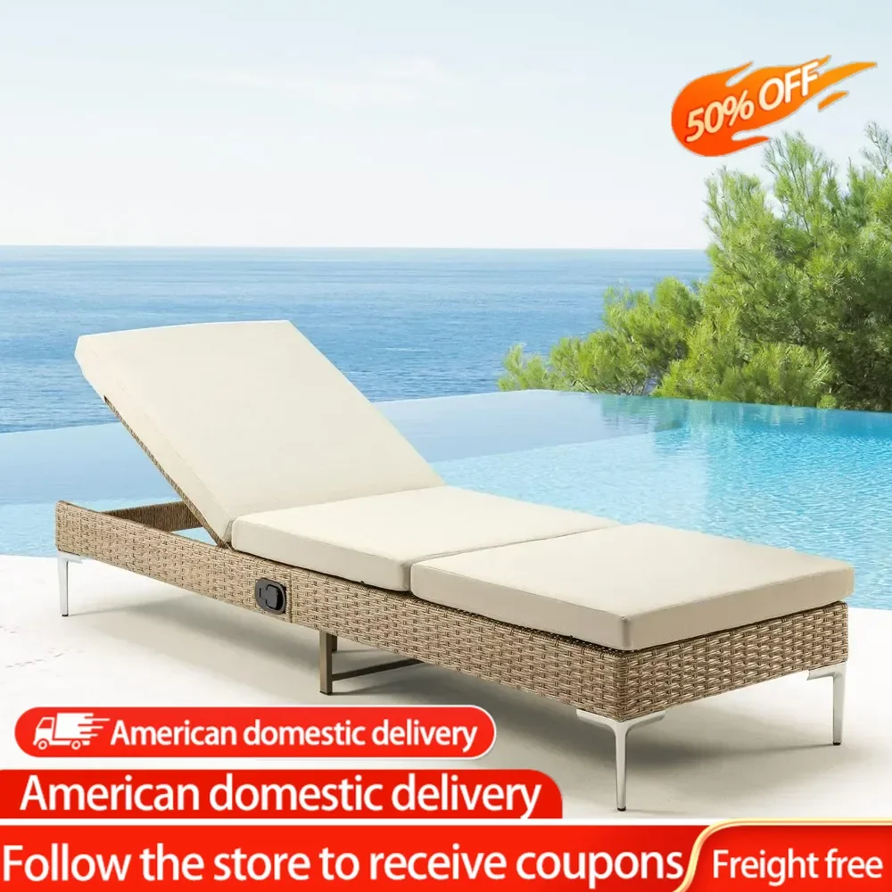 Deck-chair Khaki Chaise Lounge Sofa Porch Patio Wicker Lounge Chair With Adjustable Backrest Reclining Armchairs Recliner Living