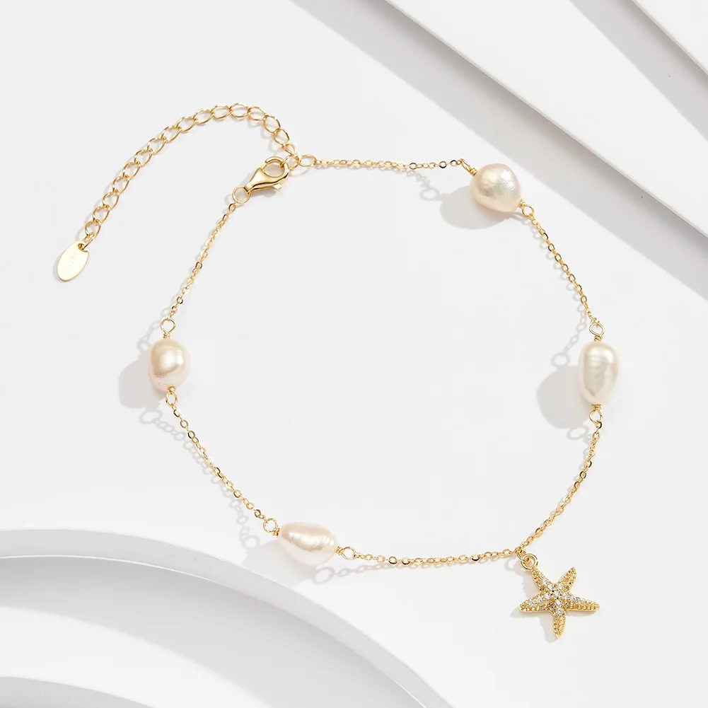 قبلة ماندي 925 الفضة اليومية اللؤلؤ خلخال الزركون نجم البحر قلادة الكاحل سوار الباروك اللؤلؤ بيرفوت صندل مجوهرات للقدم SA74