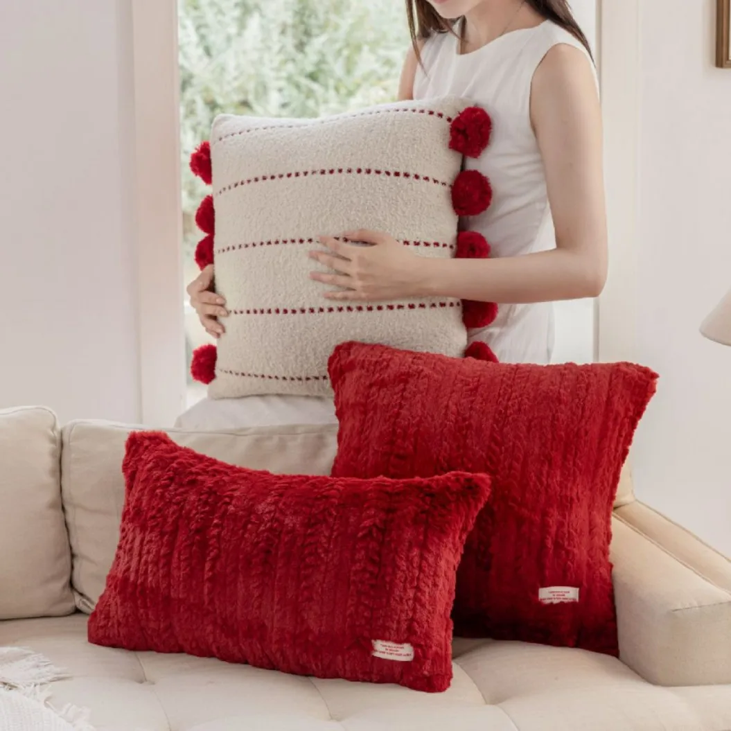 Luxurious Chic Wedding Cushion Cover with Red Tassel Pompoms Soft Knitted Textured Throw Pillow Case for Romantic Wedding Decor
