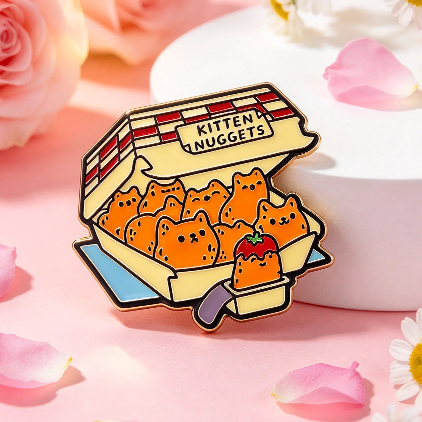 Kitten Nuggets Soft Enamel Badge, Cartoon Cat In Takeout Box Design Badge, Cute Aesthetic Decor for Backpack Hat