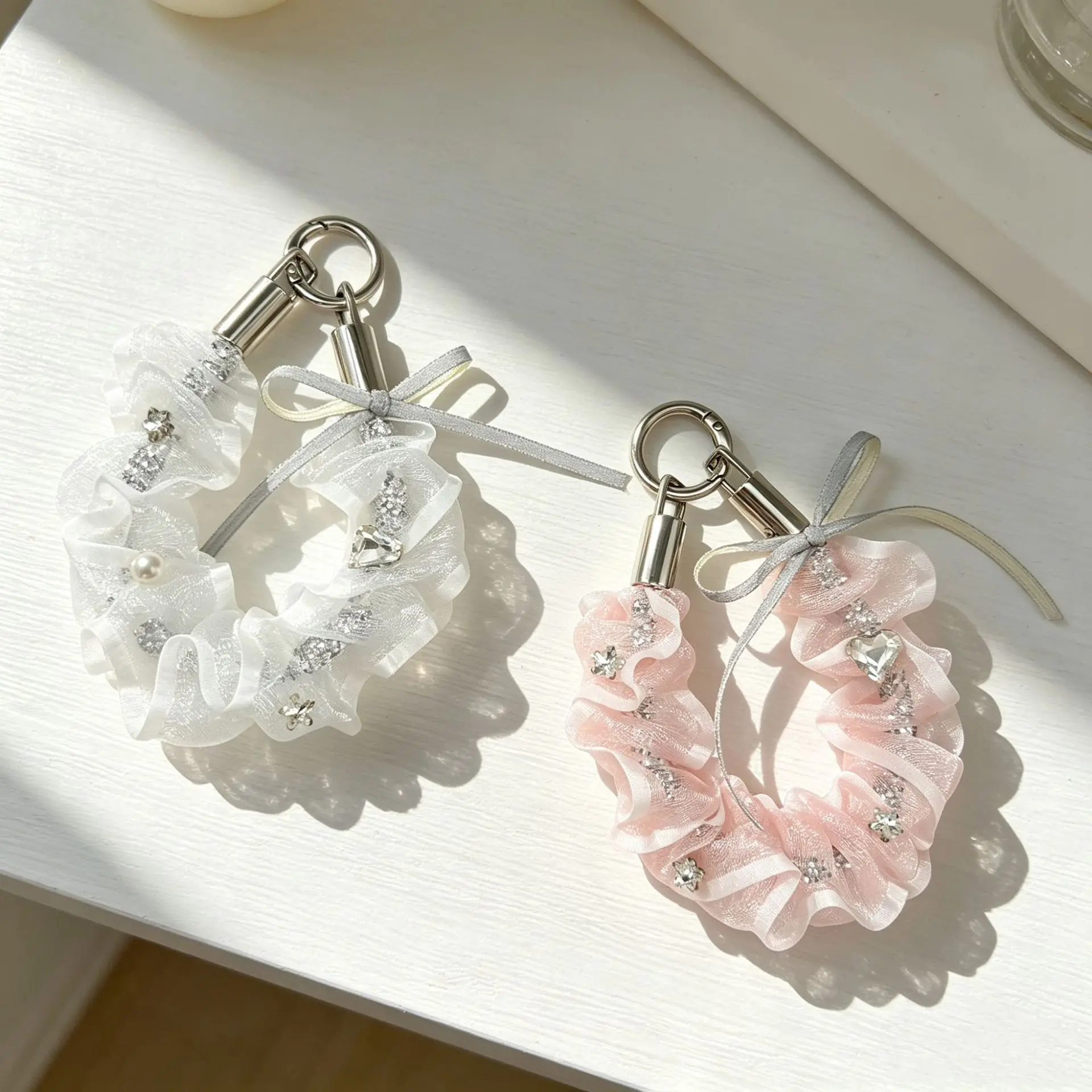 Sheer Tulle Ruffled Rhinestone Phone Lanyard, Girly Bow Crystal Keychain, Fashion Versatile Bag Pendant Accessory For Girls
