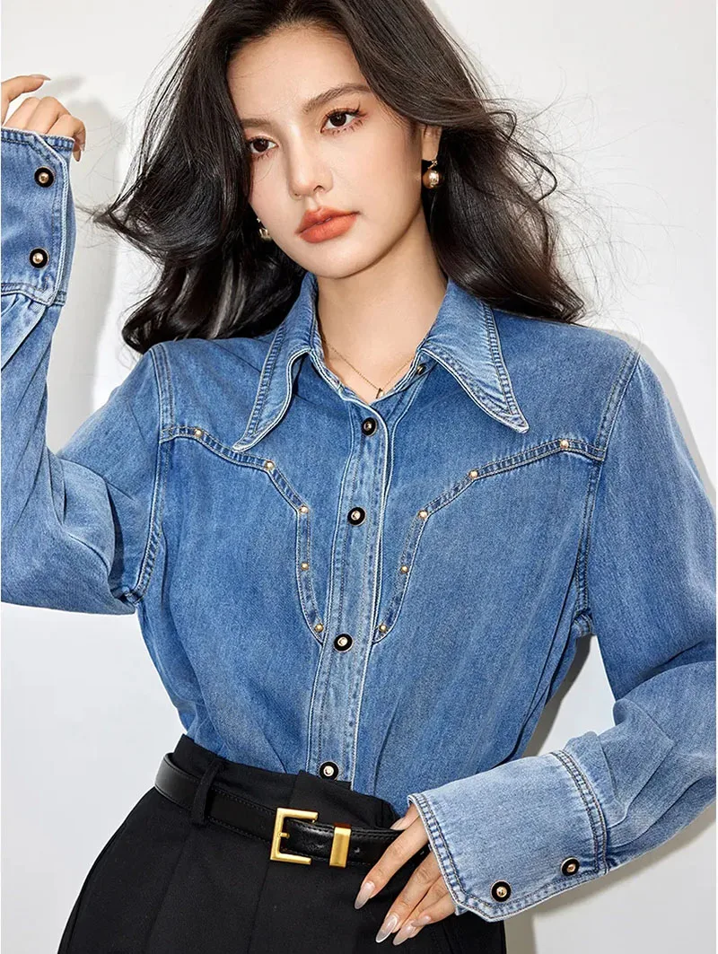 

New 2024 Spring Woman Clothing Tops Simple Office Blouse Long Sleeve Casual Korean Loose Blouses Denim Womens Shirts
