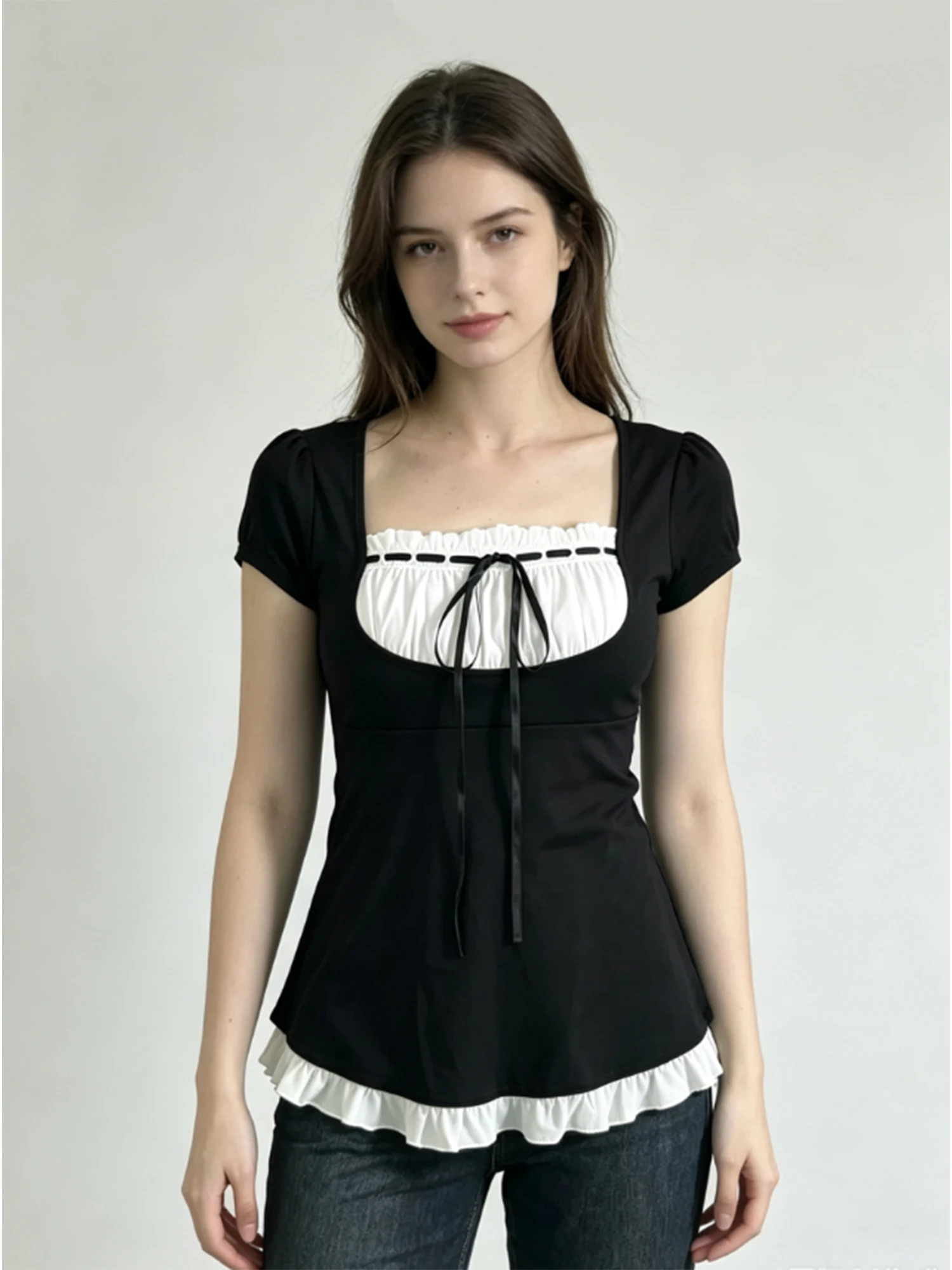 Women Black White Square Neck T-Shirt French Y2K Gyaru Fashion Vintage T-shirt Bow Ruffle Short Sleeve Tee Top for Women Summer