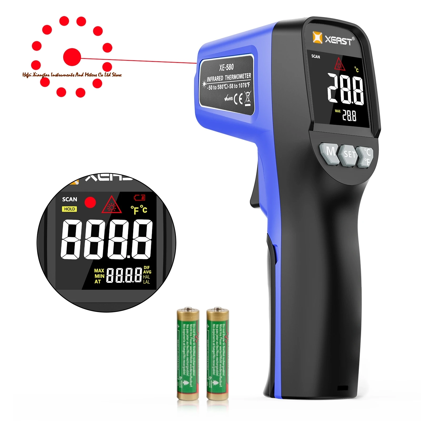 XEAST XE-580 Professional Non-contact Infrared Thermometer -50~580 Range LCD Light Laser Aiming Digital Thermometer