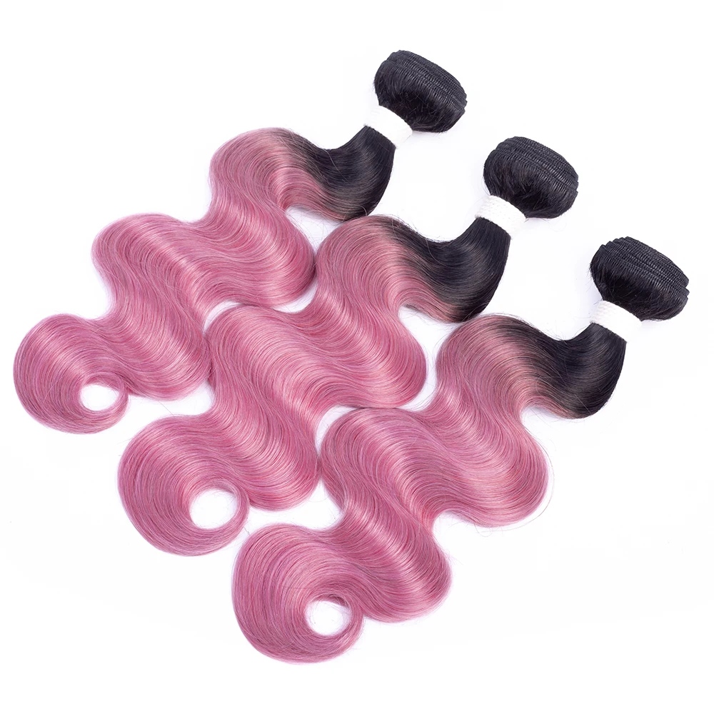 Ombre Colored Body Wave 2/3 Human Hair Bundles Raw Indian Hair Extensions 1B Rose Pink/Golden Grey Color 95-100g/Pc Double Weft