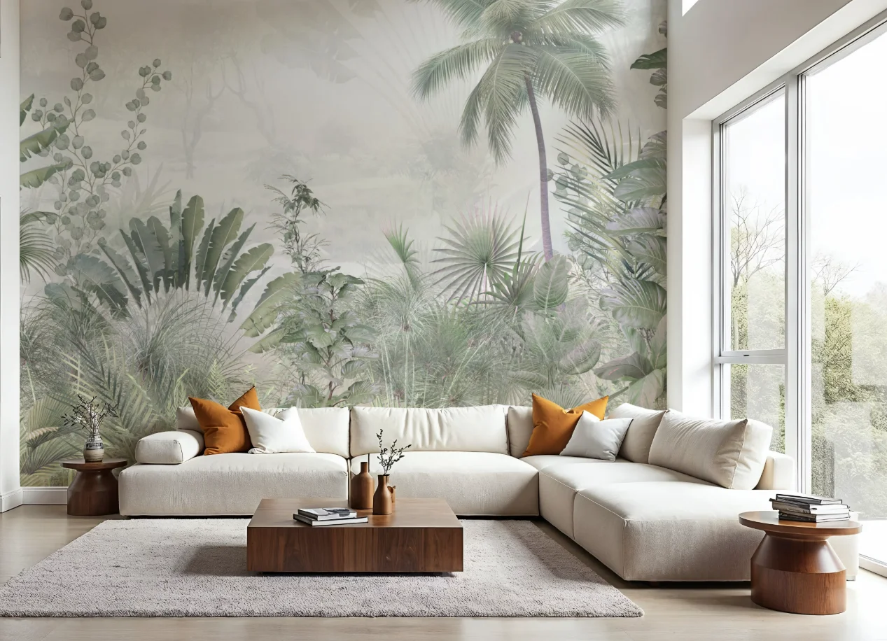 Custom sized murals featuring palm trees and dense ferns, green leaf wallpaper for corridors, living rooms, bedrooms, and murals