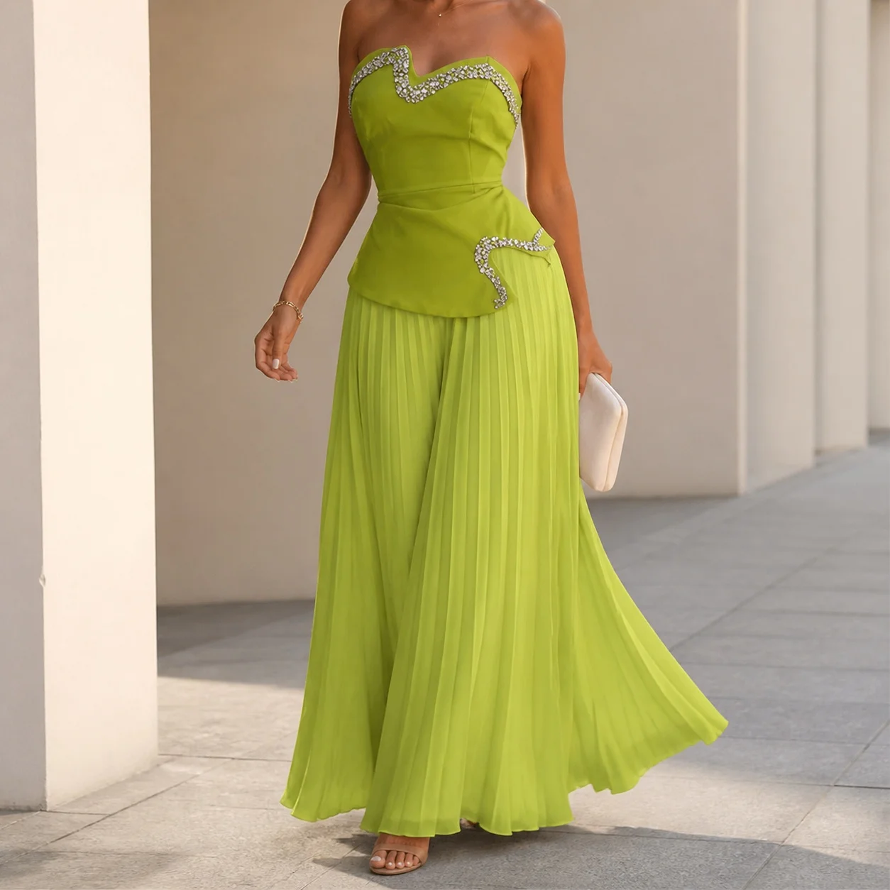 Shirt Top Long Pants Set Full Length Fresh Sweet Style with Sleeveless Summer Rhinestone Embellished Casual Wear Women Sets