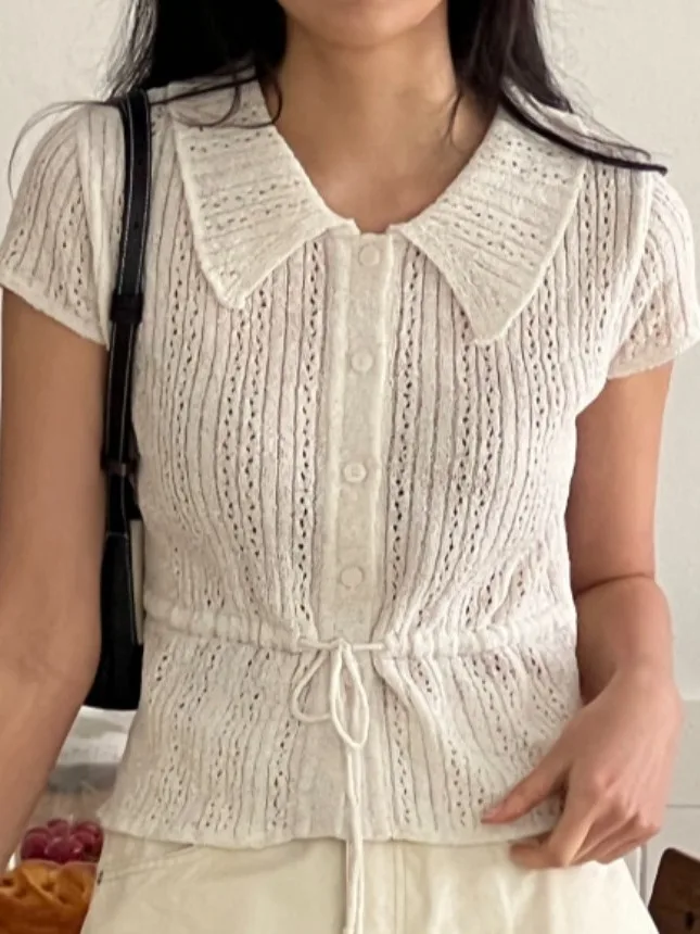 

Korean Sle Dstring Knitted Top Women's Summer 2025 New Ele Waist-Cinching Design Sensation Faionable Top