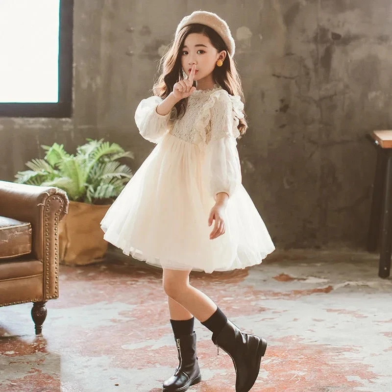 

Lantern Sleeve Lace Mesh Pearl Sweet Fashion Little Princess Dress 3-12 Years Christmas Kids Clothes Spring Autumn Girls Dress