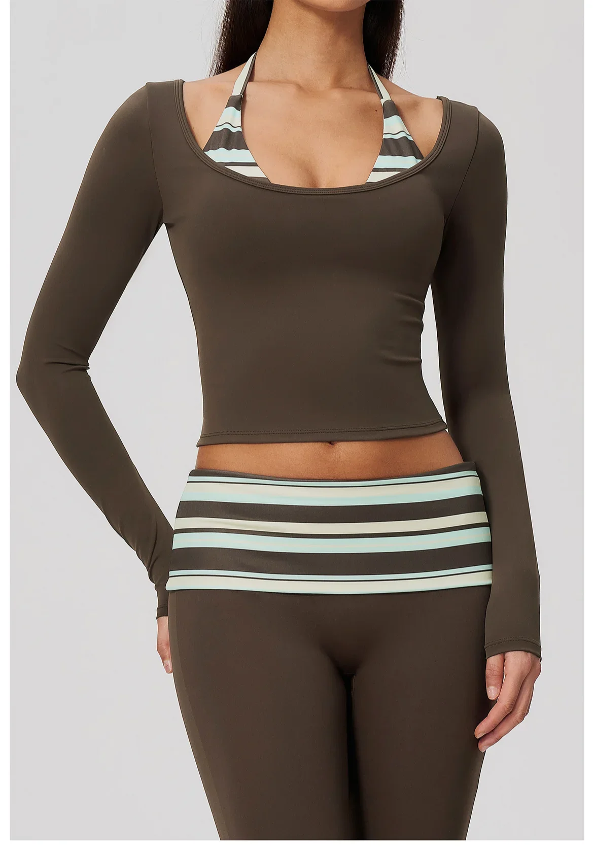 Yoga Langarm-Fitness-Top, Gym-Workout, Damen-Top mit Neckholder, Streifenmuster, kurzes, aktives Shirt, atmungsaktiv, für Sport und Training – Detail 17