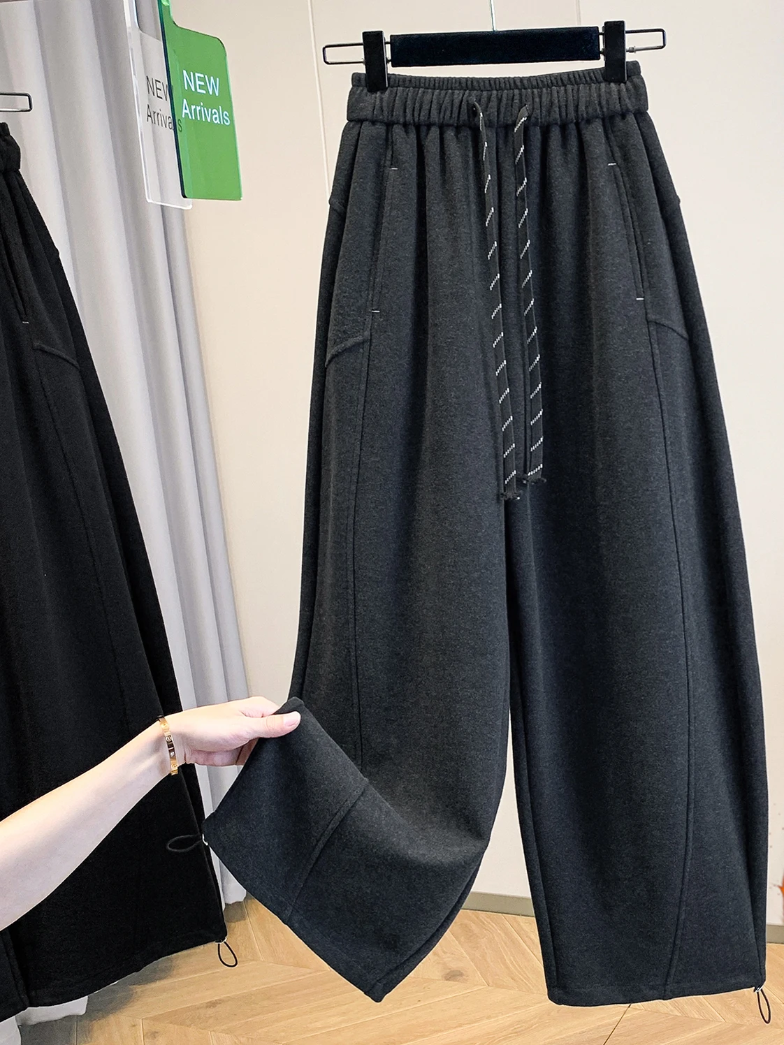 Spodnie z wysokim stanem, ocieplane, wełniane, z szerokimi nogawkami, codzienne, damskie, plus size, z ozdobnymi przeszyciami, jesienno-zimowe...