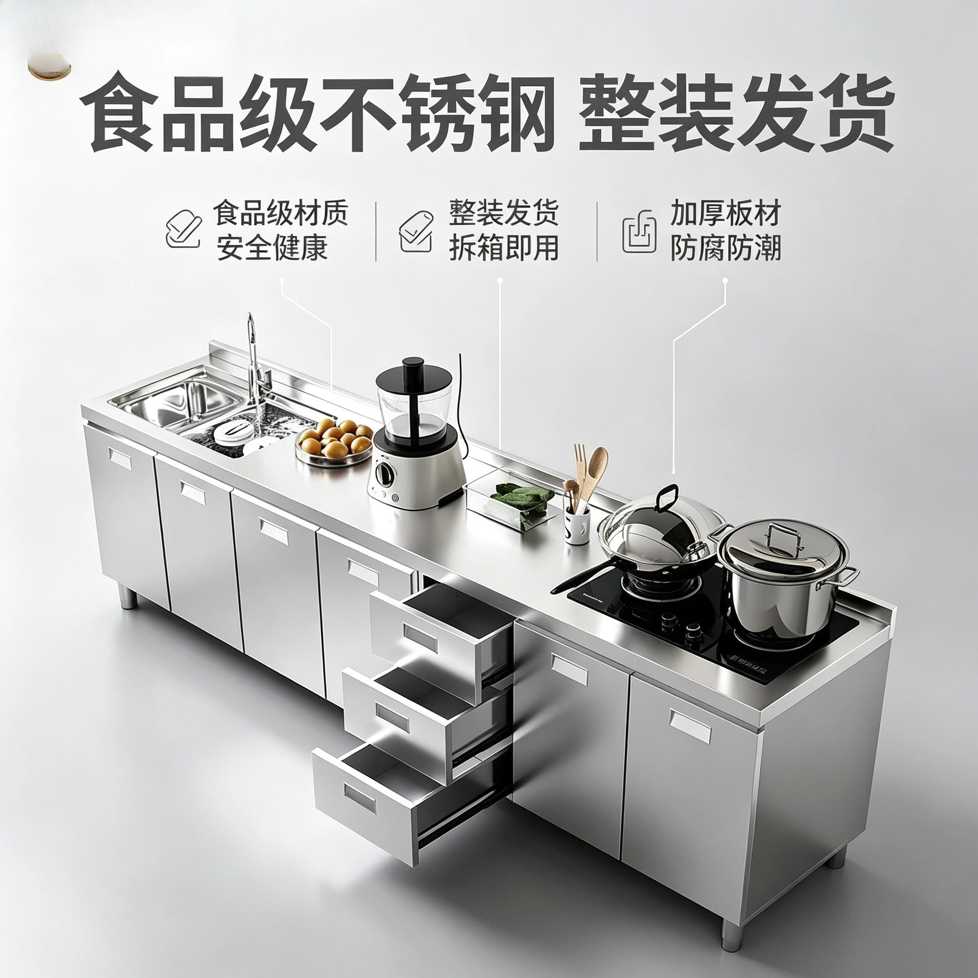 304 integral stainless steel kitchen cabinet extra thick integrated cabinet rural storage cupboard household storage simple