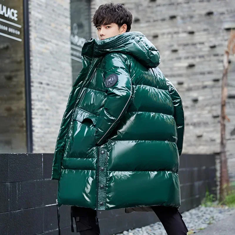 Green Glossy Down Jacket Loose Mens Long Handsome Trendy Thickened Coat Man 2025New White Duck Overcoat Hooded Men Clothing