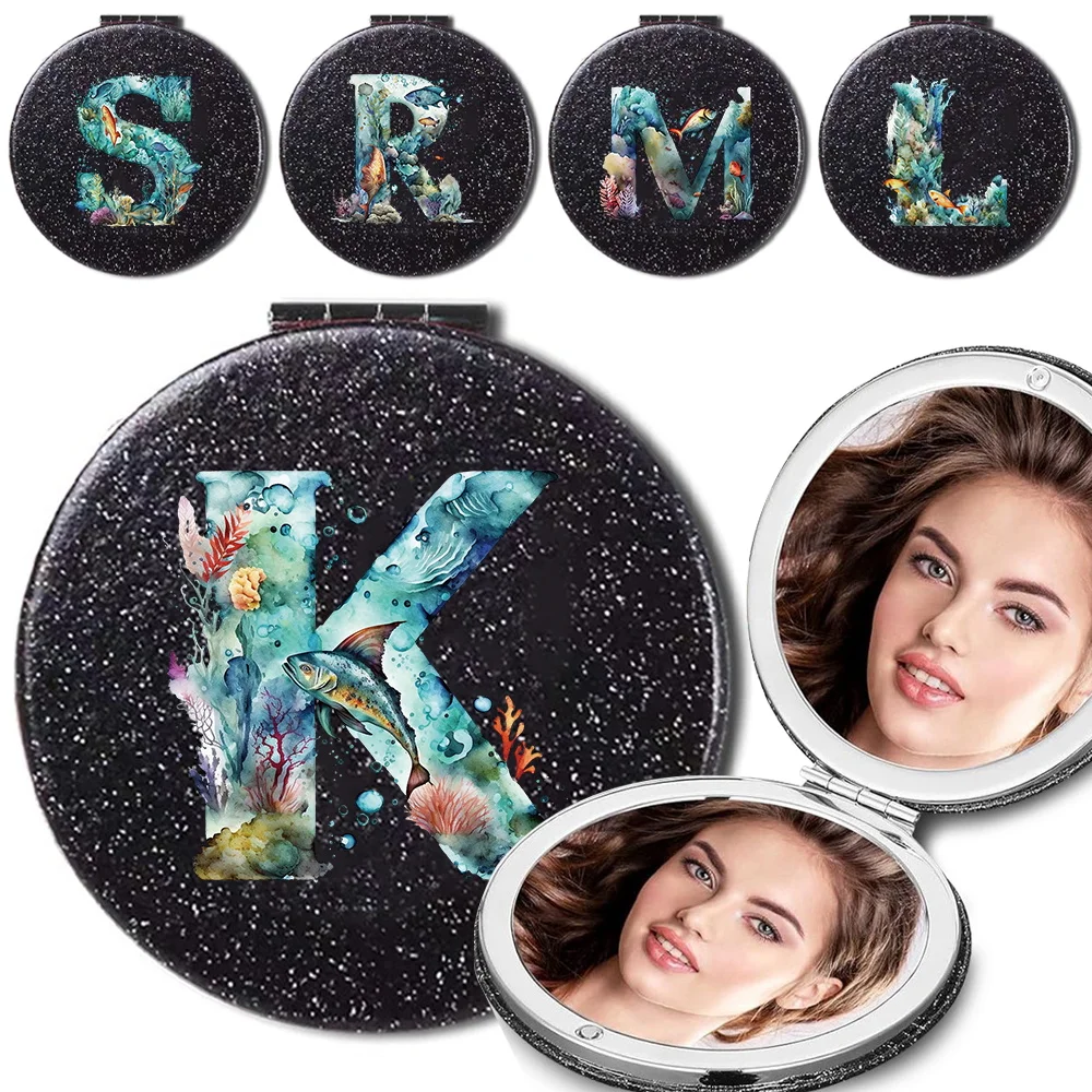 1pc PU Cosmetic Mirror Essential Beauty Tools Supplies Easy to Carry Fashion Accessory Fish Letter Initial 26 Letters Pattern