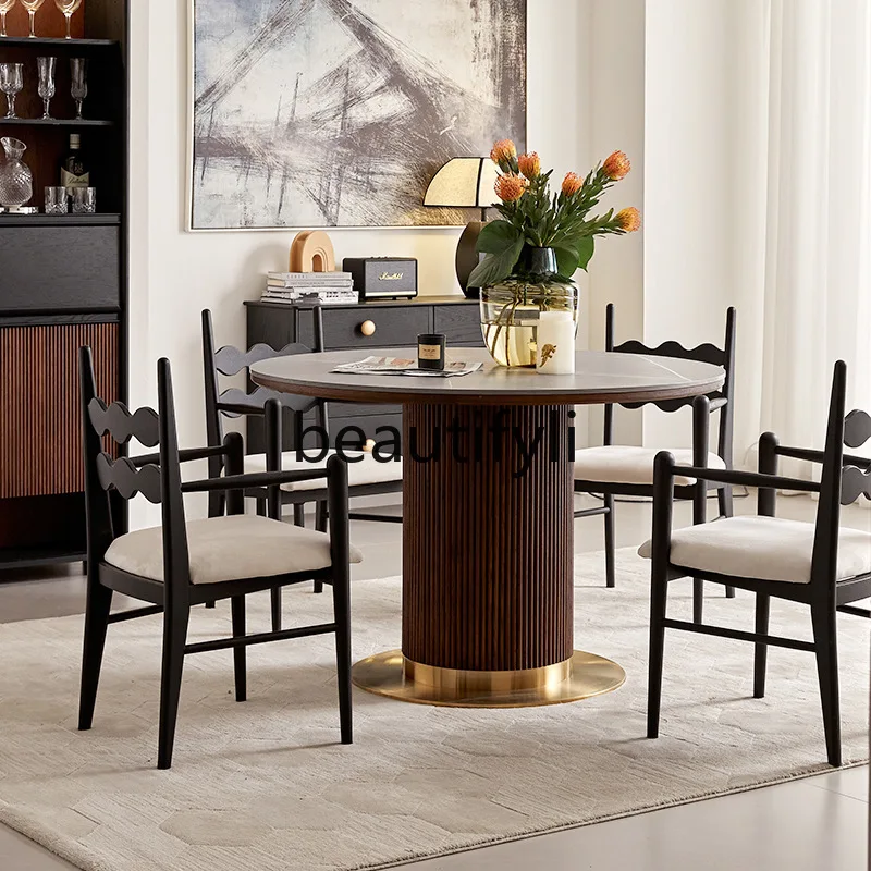 

Solid Wood Rock Plate Dining Table and Chair Combination Oak French retro Round Dining Table Home