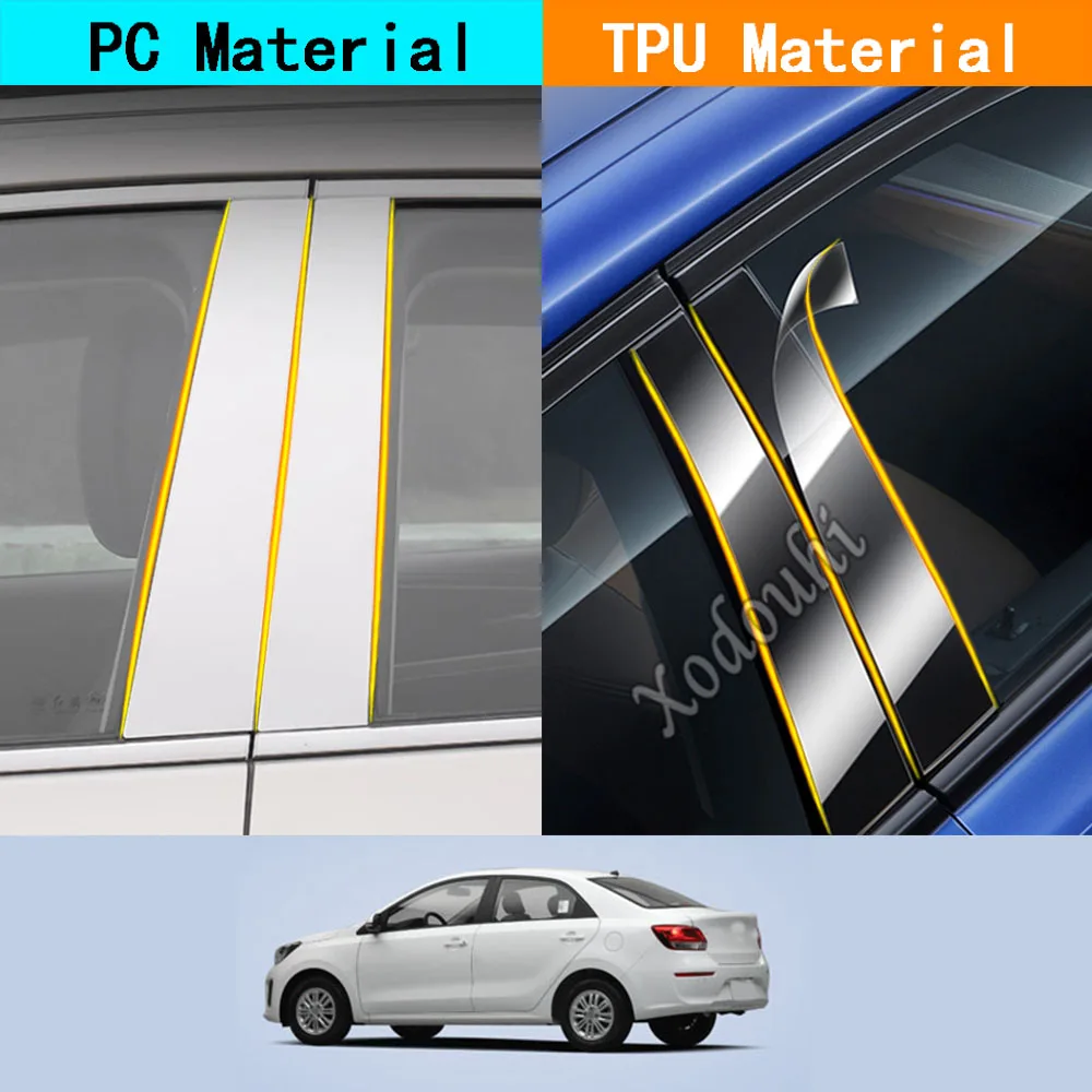 Car TPU/Glossy Mirror Pillar Post Cover Door Trim Window Molding Sticker 6pcs For Kia Pegas Soluto 2017 2018 2019 2020 2021-2024