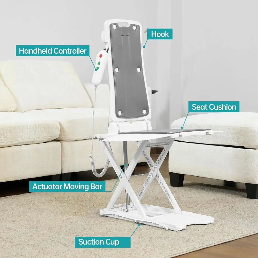 كرسي رفع كهربائي رمادي، سعة 300 رطل، ارتفاع 19 رفع، حزام الأمان وحصيرة غير قابلة للانزلاق