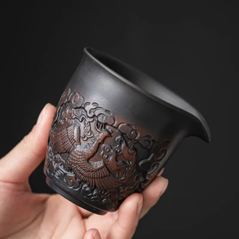 Retro Handmade Carved Purple Pottery Xianglong Phoenix Ceramic Tea Serving Pot Purple Sand Tea Pitcher Tea Funnel Gong Dao Bei