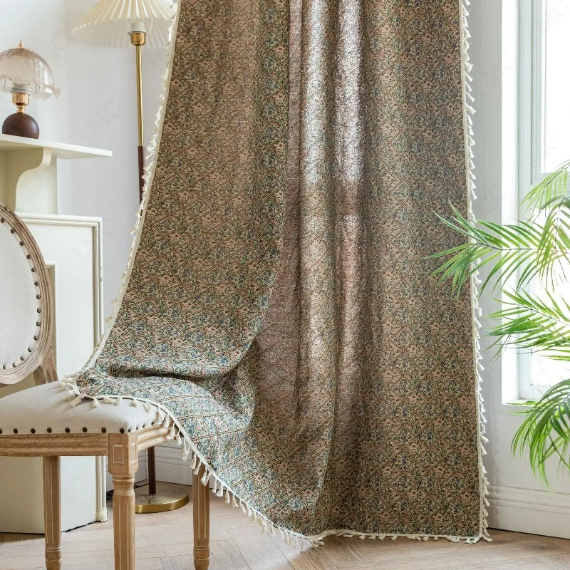 American Vintage Farmhouse Curtain Bohemian Imitation Linen Home Window Curtain Thick Blackout Drapes Bay Window Curtains