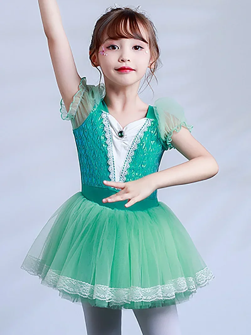 Green Kids Girls Fairy Mesh Tutu Ballet Dance Dress Open Crotch Stage Performance Gymnastics Leotard Ballerina Costume Dancewear