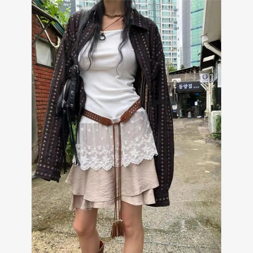 Printemps automne Y2K brodé dentelle garniture Blouse femmes coupe ajustée débardeur superposition Faion ensemble étudiant travail orm