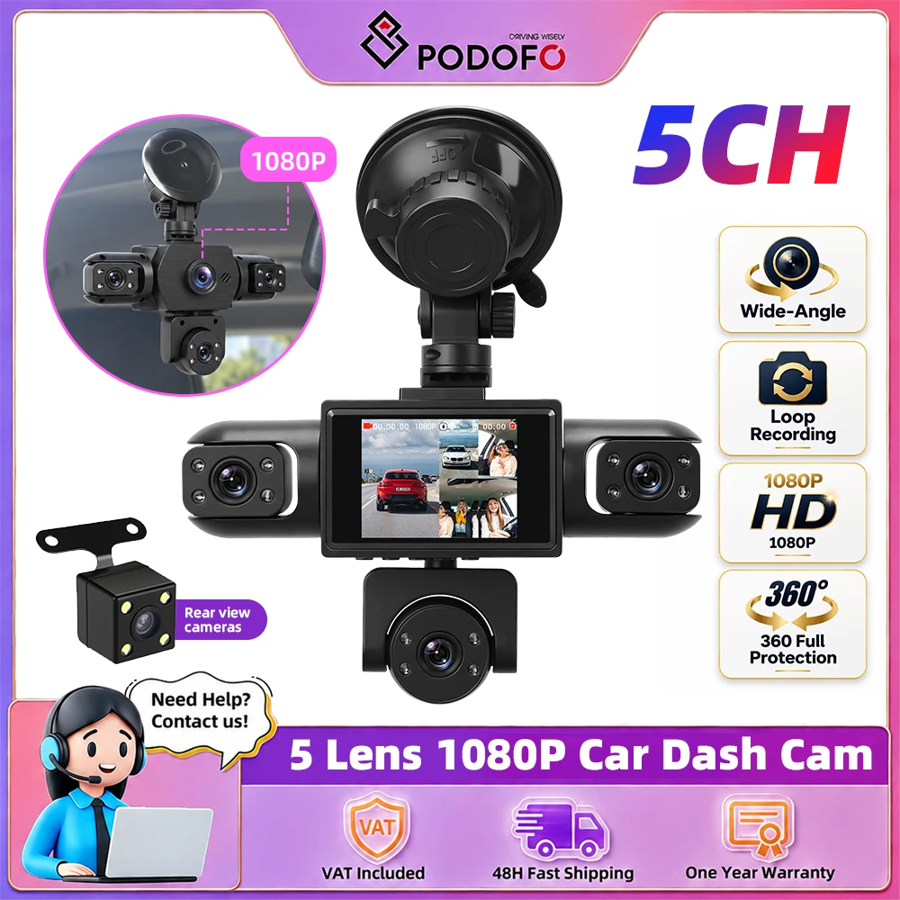 Podofo, telecamera per auto da 2 pollici, 1080P, con visione notturna, telecamera per cruscotto, per la registrazione delle attività di guida, scatola nera per auto, dotata di 5 obiettivi HD: 480P per