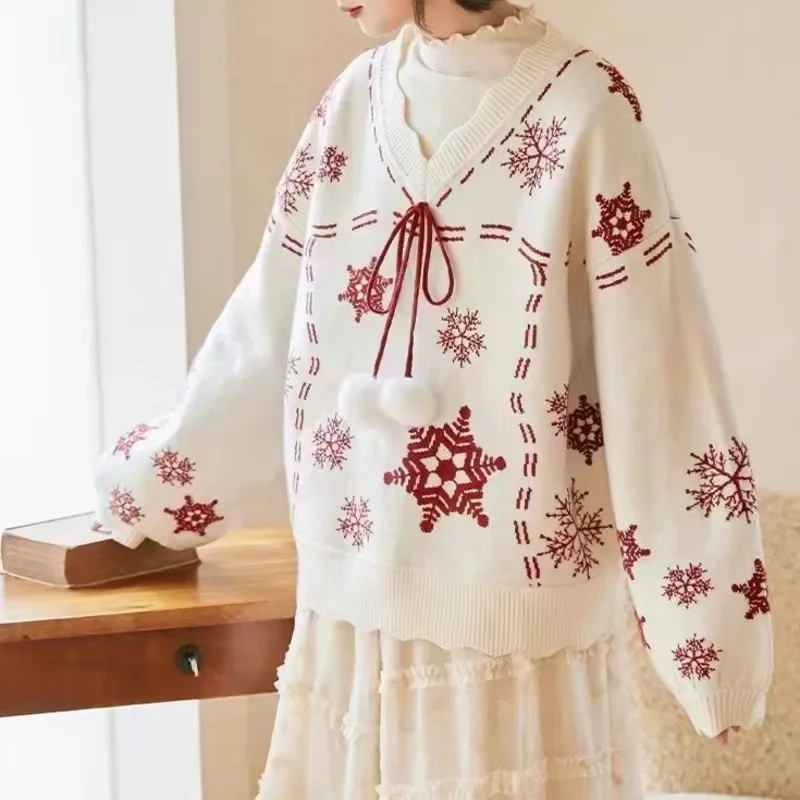 

Christmas Snowflake Sweater Women Flower Collar Knit Pullover Thick Warm Long Sleeve Cute Sweet Winter Jumper 2 Colors Top New